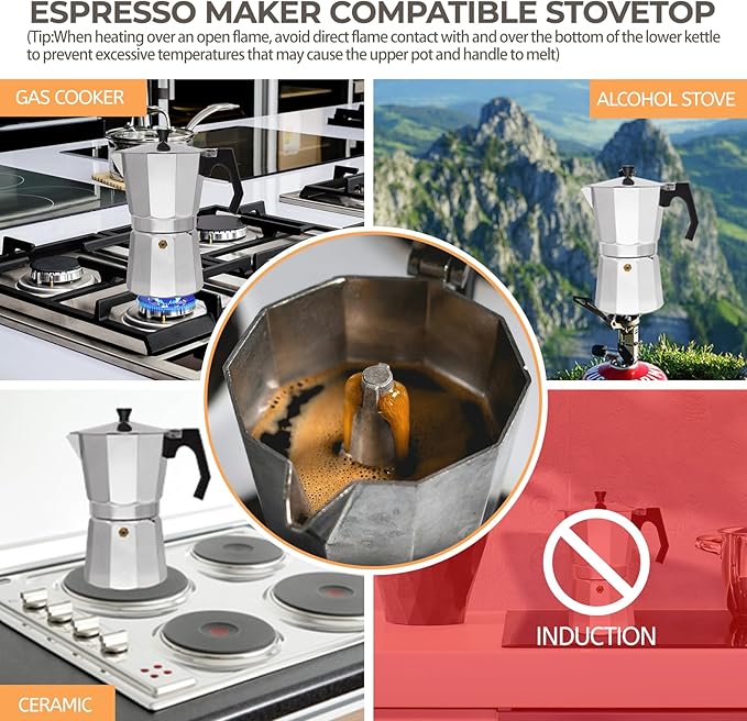 Aluminum 6 Cup 300ml Moka Pot Express Coffee Maker Stovetop Espresso Percolator Coffeemaker Italian Classic Style Brewing Greca Cafe Mocha Machine for Cafeteras Lover Camping Travel and Home Use 10oz