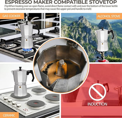 Aluminum 3 Cup 150ml Moka Pot Express Coffee Maker Stovetop Espresso Percolator Coffeemaker Italian Classic Style Brewing Greca Cafe Mocha Machine for Cafeteras Lover Camping Travel and Home Use 5oz