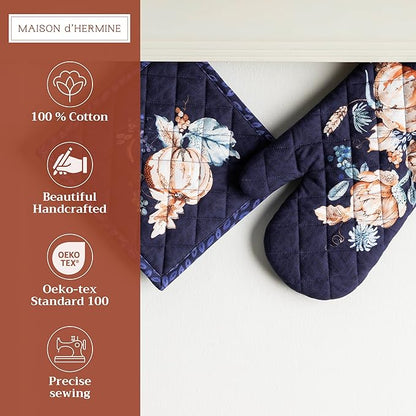 Maison d' Hermine 100% Cotton Oven Mitt & Pot Holder Set (7.5"x13" & 8"x8") Heat Resistant BBQ Cooking Gloves with Loop, Baking, Grilling, Kitchen, Handling Hot Pans (Pumpkin Blues)