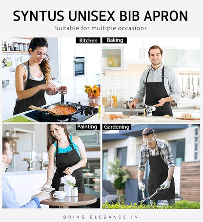 Syntus 12 Pack Bib Apron, Unisex Aprons Adjustable 100% Cotton with 2 Pockets Cooking Kitchen Aprons for Women Men Chef, BBQ Drawing Apron Bulk, Black