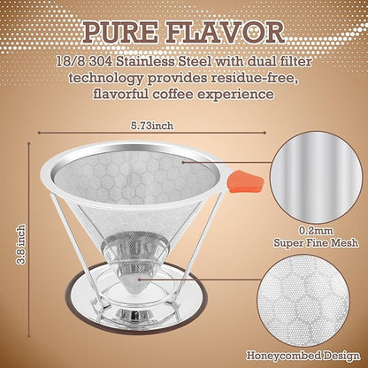 Pour Over Coffee Dripper, Paperless Pour Over Coffee Filter, Reusable Pour Over Coffee Maker Set, Dual-Layer Stainless Steel Cone Filter, Detachable Dripper Stand, Single Cup Brewer 1-4 Cup