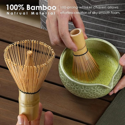 7Pcs Matcha Whisk Set, Ceramic Matcha Bowl with Spout,Bamboo Whisk and Holder, Bamboo Scoop,Scoop Rest,Sifter and Tea Towel,Matcha Kit w/Cherry Blossom Carved Pattern (Mottled Green)