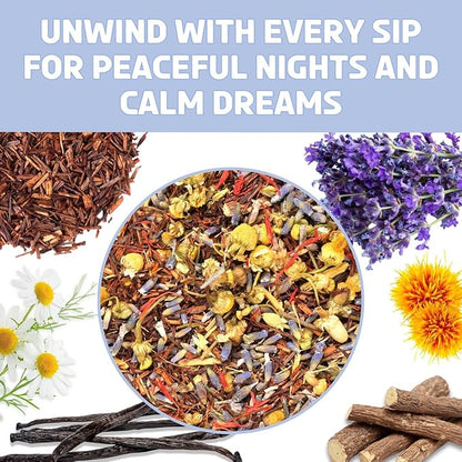 BREWIX, Bedtime Blossom Calming Tea For Sleep (50+ Cups) Herbal All Natural | Supports a Good Night’s Sleep | Night Time, Caffeine Free with Rooibos, Safflower, Chamomile and Lavender | Perfect for Bedtime | Relaxing Natural Nighty Night Sleeping Tea