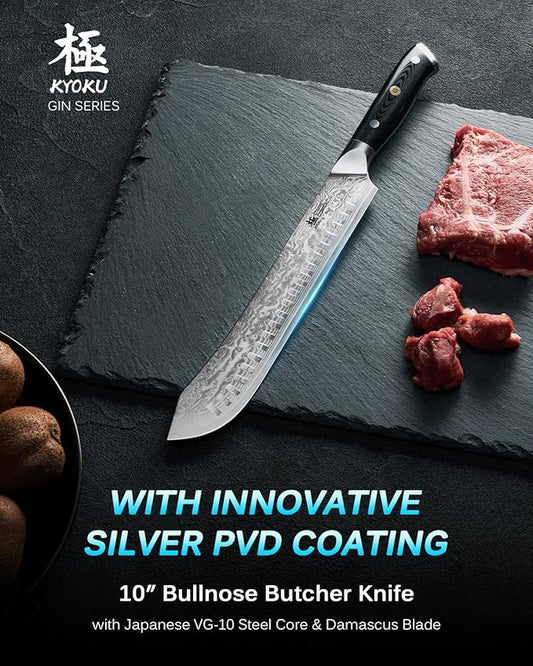 KYOKU Gin Series 10" Bullnose Butcher Knife for Meat Cutting With Silver PVD Coating - Japanese VG10 Steel for Professional Chefs & Home Cooks, Commercial & Home Kitchen