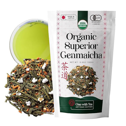 One With Tea – Organic Genmaicha Loose Leaf Tea – Authentic Japanese Green Tea Blend with Roasted Brown Rice for a Smooth, Nutty Flavor – USDA Certified Organic