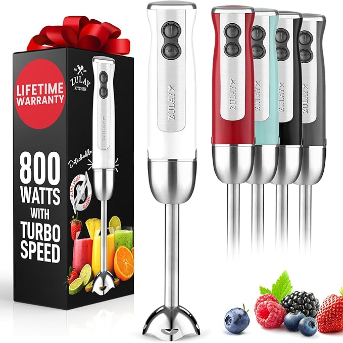 Zulay Immersion Stick Mixer Hand Blender - 800 Watts, Turbo Mode, 5-ft Power Electric Cord, Handheld Portable, Stainless Steel Blades - For Effortless Blending Smoothie, Soup, Baby Food, Puree - White