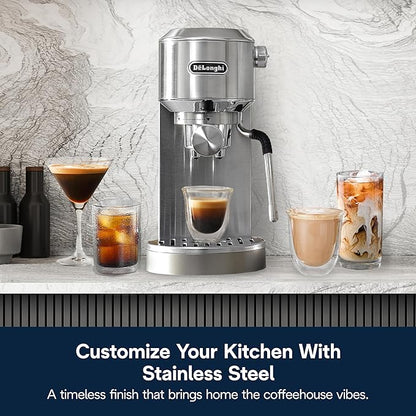 De'Longhi Dedica Duo Compact Espresso Machine - Cold Brew Coffee Maker with Milk Frother Wand- for Espresso, Hot & Iced Coffee, Cappuccinos, Lattes & Home Barista Brewing, Stainless Steel