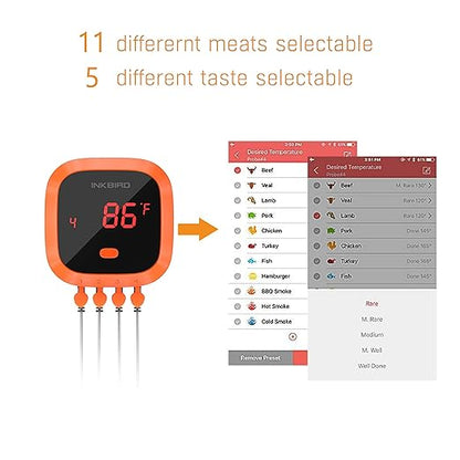 Inkbird Waterproof 150 FT Bluetooth Meat Thermometer IBT-4XC with Magnet, Timer, Alarm and 4 Probes, BBQ Grill Digital Wireless Meat Thermometer for Cooking, Smoker, Kitchen, Oven