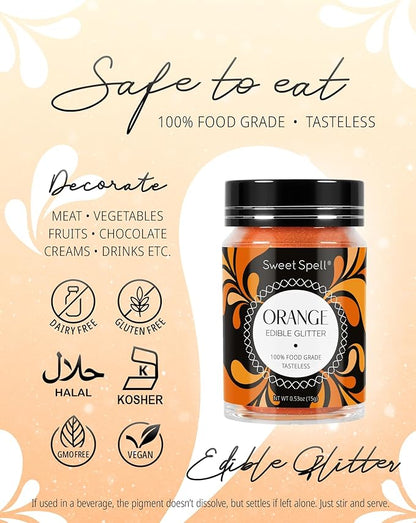 Sweet Spell Edible Glitter (15g) - Shimmer Sparkles for Drinks, Cakes, Cocktails - 100% Edible & Food Grade Glitter, Vegan, Gluten-Free (Orange)