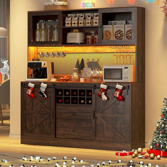 74" Tall 63" Wide Large Coffee Bar Cabinet w/Outlet,6000-color LED Light,Pegboard,Farmhouse Hutch Cabinet w/Barn Door,2 Big Drawers,Adjustable Shelves,10 Wine & Glasses Rack,5 Hook for Kitchen,Brown
