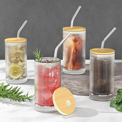 15 Oz Glass Cups with Lid and Straw, Iced Coffee Cups with Lid, Vintage Glassware for Whiskey Cocktail Beer (2 PACK)