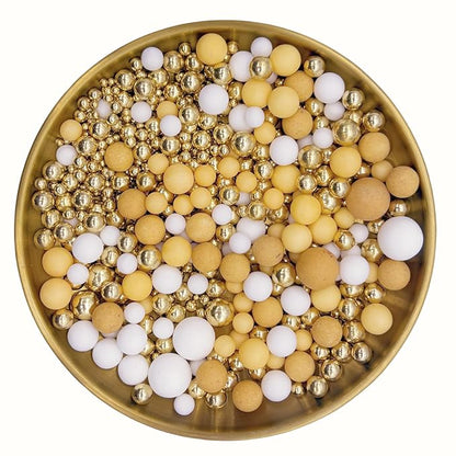 Edible Light Brown & Yellow & White & Gold Sugar Pearls Sprinkles Candy Mix Size Pearls Cake Decorations Cupcake Toppers Decorating Perfect for Wedding Party Valentine Christmas Supplies 4.58OZ