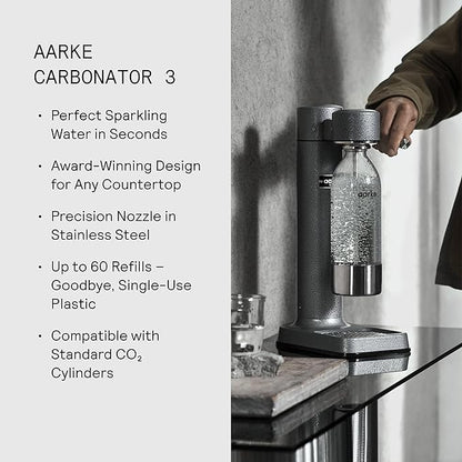 Aarke Carbonator lll, Sparkling & Carbonation Water Machine, Stainless Steel with PET BPA-Free Reusable Bottle Volume 1L/34 fl oz (Hammertone Grey)