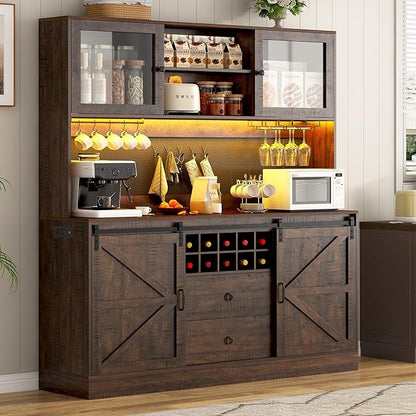 74" Tall 63" Wide Large Coffee Bar Cabinet w/Outlet,6000-color LED Light,Pegboard,Farmhouse Hutch Cabinet w/Barn Door,2 Big Drawers,Adjustable Shelves,10 Wine & Glasses Rack,5 Hook for Kitchen,Brown
