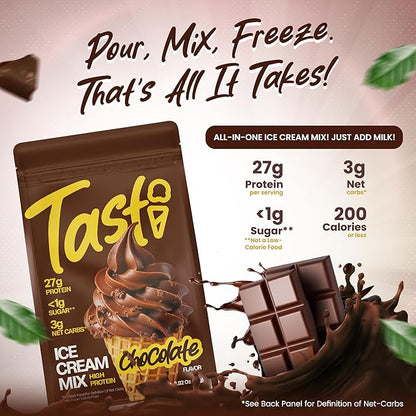 TASTI High-Protein Ice Cream Mix - Chocolate Flavor Low Sugar Ice Cream Powder - Made for Ninja Creami, Soft Serve Mix with 27g Protein, <1g Sugar, 3g Net Carbs
