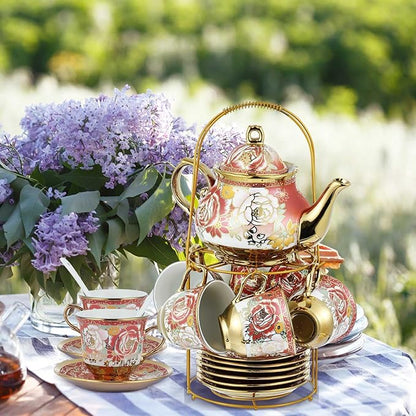 Zhehao 20 Pcs Porcelain Tea Set with Metal Holder and Spoon Adult Ceramic Tea Party Set European Flower Painting Teapot Cup Saucer Spoon Set for Women, Large Version(Noble Style)