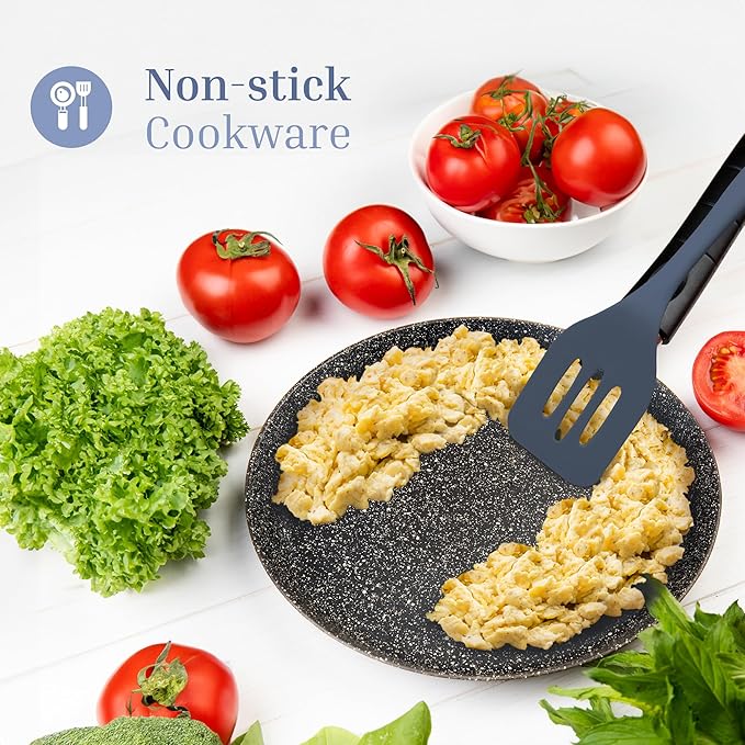 Silicone Utensils 3-Piece Set – Rubber Spatula, Slotted Turner, and Rice Paddle – Complete Heat-Resistant Set for Non-Stick Cookware – Kitchen Tools and Accessories for Cooking & Baking – Blue