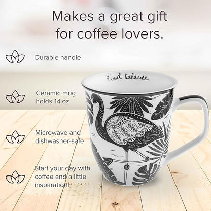 Karma Gifts 14 oz Black and White Boho Mug Flamingo - Cute Coffee and Tea Mug - Ceramic Coffee Mugs for Women and Men