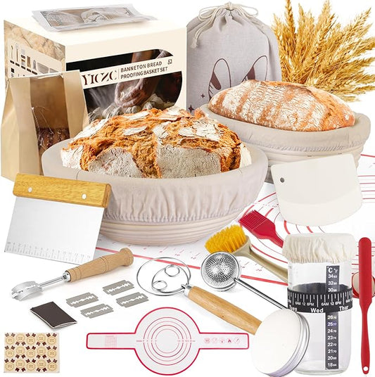 Bread Proofing Basket Set, Round 9" & Oval 10" Sourdough Proofing Basket for Bread Making Tools and Supplies, Sourdough Bread Baking Supplies, Ideal Basket Gift Set for Artisan Bakers