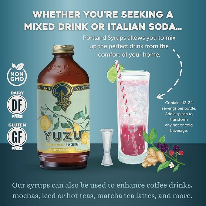 Portland Syrups Yuzu Syrup - Yuzu Beverage Concentrate for Cocktails, Mocktails, Tea, Soda, Coffee, & Baking - Bright Citrus Flavor for Refreshing Drinks - 12 oz Bottle, 24 Servings, Pack of 2