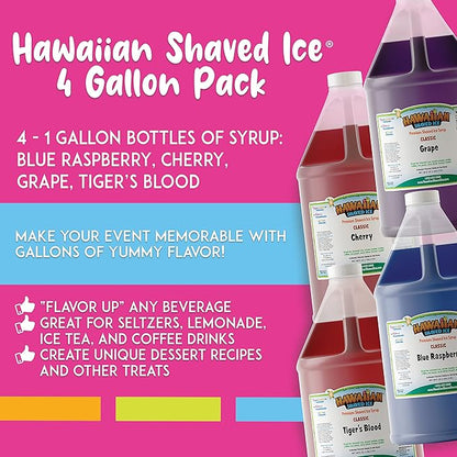 Hawaiian Shaved Ice Syrup Gallon 4-pack, Cherry, Grape, Blue Raspberry & Tiger’s Blood, for Slushies, Italian Soda, Seltzers, Popsicles, & More, No Refrigeration Needed, Allergy-friendly