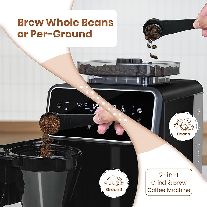 Gevi 10 Cup Drip Coffee Maker with Built-in Grinder, Grind ＆ Brew Burr Combo Coffee Machine with Touch Screen, Programmable, 4-Hour Warm Plate, Permanent Filter, Coffee Carafe