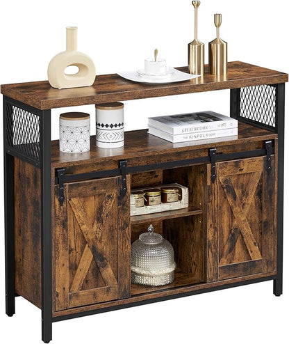 VASAGLE Buffet Cabinet, Coffee Bar Storage Cabinet, Sideboard with 2 Sliding Barn Doors, Adjustable Shelves, 13 x 39.4 x 31.5 Inches, for Living Room, Rustic Brown and Ink Black ULSC092B01
