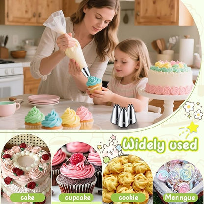Hendiy 3pcs 2D Cake Piping Tips with 20 Piping Bags, Large Piping Nozzles Decorating Tips, Cake Baking Tools for Cookie Icing Cupcakes, Buttercream,Birthday Cake, Cupcake, DIY Art