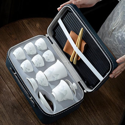 ICHAG Chinese Tea Set, Gongfu Tea Sets for Adults, China Gaiwan Teaset, 14-Piece Yangzhi Jade (茶具) Porcelain Set with Suspended Gaiwan & Tea Pet, Portable Travel Teaset for Home, Outdoor, Office Gifts
