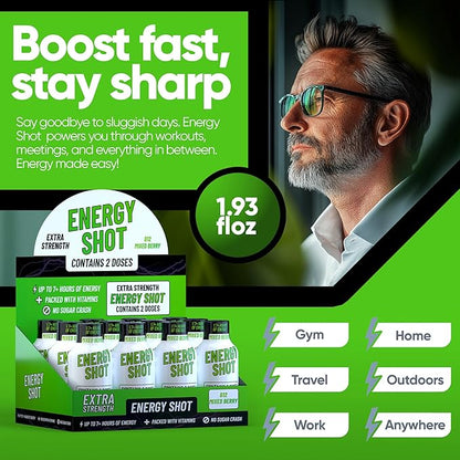 B12 Mixed Berry Extra Strength Energy Shot 10 pk – 260mg Natural Caffeine B12 B6 – Energy & Vitality Support – 2 Servings Sugar Free Zero Calorie Green Tea B-Vitamins Electrolytes Vegan – 1.93 fl oz