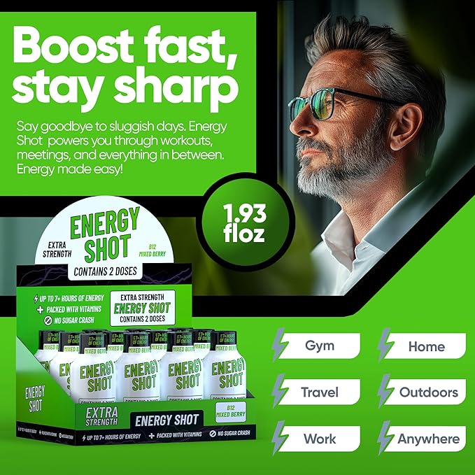 B12 Mixed Berry Extra Strength Energy Shot 8 pk – 260mg Natural Caffeine B12 B6 – Energy & Vitality Support – 2 Servings Sugar Free Zero Calorie Green Tea B-Vitamins Electrolytes Vegan – 1.93 fl oz