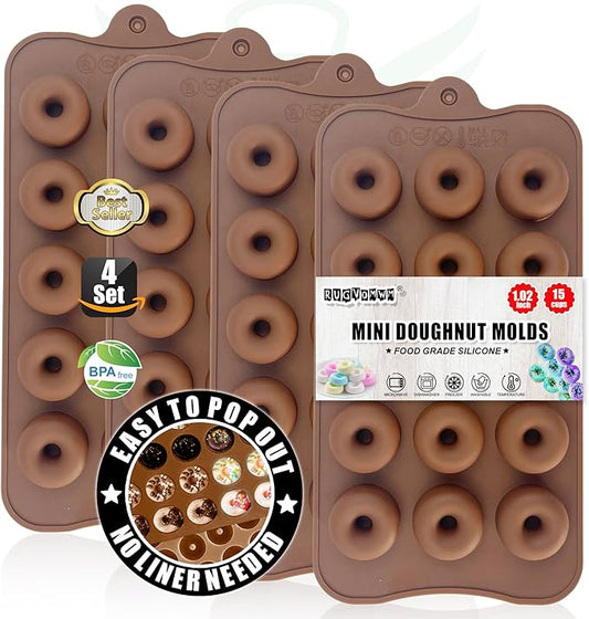 Donut Silicone Chocolate Molds, Mini Donut Pan Mold Gummy Candy Mold for Caramels Chocolate Ice Cube Jelly Truffles Pralines Ganache - 4 Pack