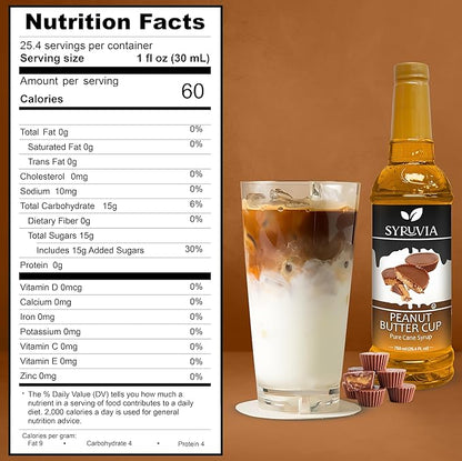Syruvia Coffee Syrup, Peanut Butter Cup Flavored Syrup for Drinks, Lattes, and Desserts – 25.4 fl oz, With Pump