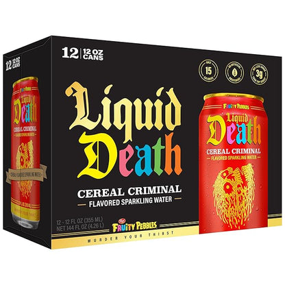 Liquid Death, Cereal Criminal, Fruitty Pebbles-Flavored Sparkling Water, 12-Pack (12oz Cans), Low Sugar, Huge Flavor & No Artificial Sweeteners