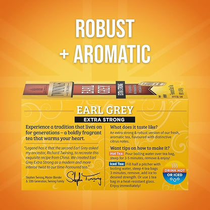 Twinings Earl Grey Extra Strong Black Tea Individually Wrapped Bags, 20 Count (Pack of 6), Flavoured with Citrus and Bergamot, Caffeinated, Enjoy Hot or Iced, 120 Teabags