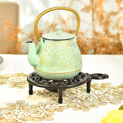 Sungmor Cast Iron Teapot Warmer Dish Cups Heater Pot Trivet - Rustic & Graceful Pattern Design with Tealight Holder - Heavy Duty & Decorative Candle Holder Stands for Heat Food Coffee Milk or Tea