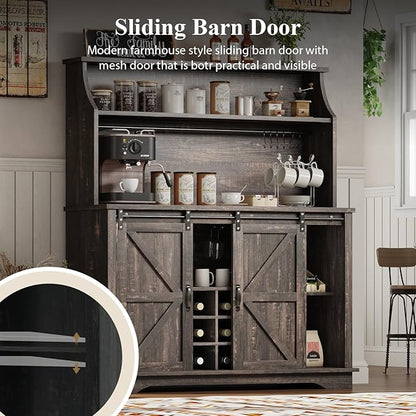 47 Inch Farmhouse Coffee Bar Cabinet with 3-Tier Storage, Kitchen Hutch with 9 Wine Racks & 3 Glass Holders, Coffee Bar with 6 Hooks, Wine Bar Cabinet for Dining Living Room, Rustic Oak