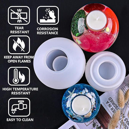2 Pcs Tealight Candle Holder Resin Molds, Set of Large + Small Sphere Candlestick Silicone Molds for DIY Round Crystals Ball Candle Vessels Craft Epoxy Casting Home Table