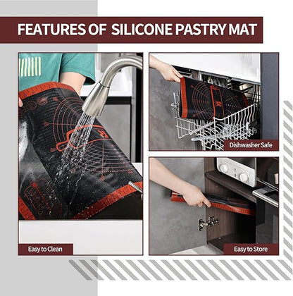 Silicone Pastry Mat Extra Large with Measurements 26''x16'' for Reusable,Non-slip Silicone Baking Mat, Counter, Dough Rolling, Oven Liner,Fondant/Pie Crust (Translucent_Red, 16''W x 26''L)