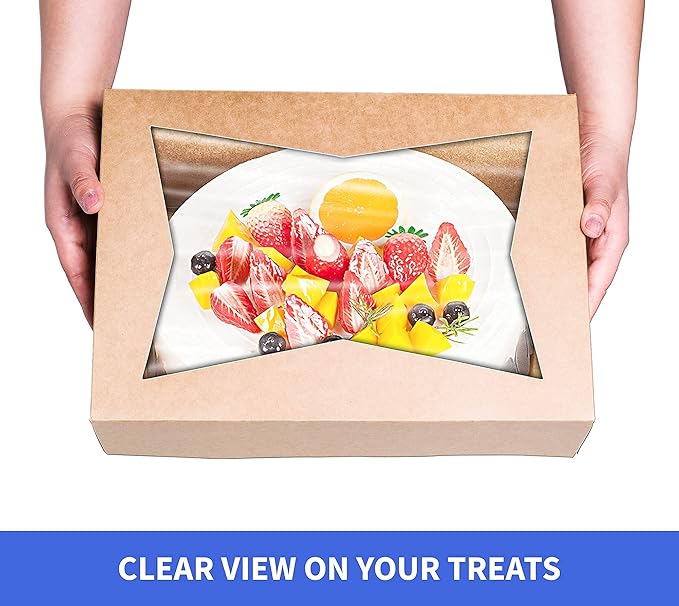 (15 Pack) Cake Boxes with Cake Boards INCLUDED – Easy-Assembly, 14 x 10 x 4 Inch, Dessert Boxes with Window, Stickers – Store & Sell Cakes, Cupcakes, Muffins, & Donuts in Bakery Boxes