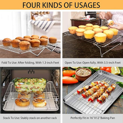 P&P CHEF Cooling Rack Set of 2, 2-Tier Stackable Stainless Steel Wire Racks for Baking Cooking Cooling Roasting, Collapsible & Heavy Duty, Oven Safe & Easy Clean, 15" x 10", Silver