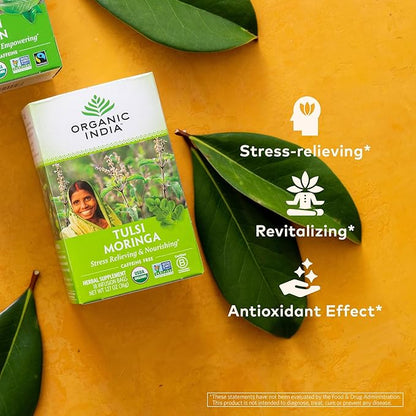 ORGANIC INDIA Tulsi Moringa Tea Bags- Holy Basil, Lemongrass, Moringa Leaves, Calming Immune Support Tea, USDA Organic, Caffeine Free- 18 Bags, 3 Pack