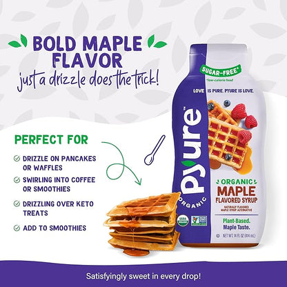 Pyure Organic Maple Flavored Syrup | Sugar-Free Maple Syrup for Pancakes, Waffles, Keto Desserts | 2g Net Carbs, Gluten-Free, Vegan, Plant-Based, Non-GMO, Diabetic Friendly | 14 oz Bottle