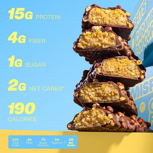 Misfits Vegan Protein (15 g) Bars, Sweet & Salty Caramel Popcorn | Plant Based, Gluten Free, Low Sugar & Carb Snacks with 4 g Fiber | Pack of 12