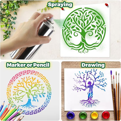 Yazhiji 15Pcs 6 x 6 Inch Tree of Life Stencil, Reusable Stencils for Painting on Wood Decoration Painting Templates for Wall Floor DIY Decorations Christmas Gifts for Kids
