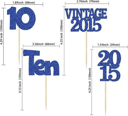 Gyufise 24Pcs 10th Birthday Cupcake Toppers Glitter Ten Vintage 2015 Double Digits 10 Cupcake Picks Birthday Cake Decorations for Happy 10th Birthday Anniversary Party Supplies Deep Blue