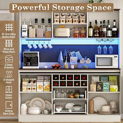 74" Tall 63" Wide Large Coffee Bar Cabinet w/Outlet,6000-color LED Light,Pegboard,Farmhouse Hutch Cabinet w/Barn Door,2 Big Drawers,Adjustable Shelves,10 Wine & Glasses Rack,5 Hook for Kitchen