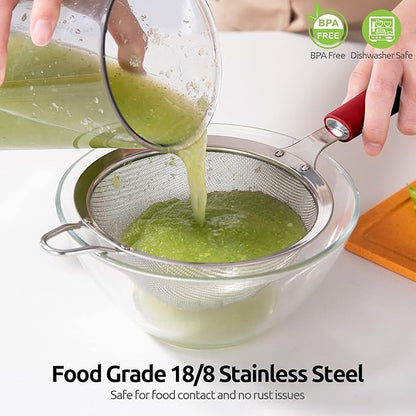 18/8 Stainless Steel Mesh Strainer: U-Taste 5.5 Inch Kitchen Fine Mesh Sieve Food Colander with Riveted Sturdy Silicone Handle and 30 Mesh Hole for Straining Flour, Pasta, Fruit, Quinoa (Red)