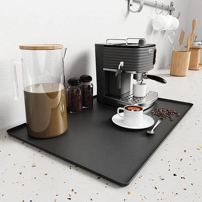 Silicone Coffee Mat, 24 x 16 Inch Non-Slip Heat Resistant, Large and Small Combination Bar Mat, Convex Edge Spill Resistant Design for Coffee Machines and Kitchen Countertops,Wave Pattern Black