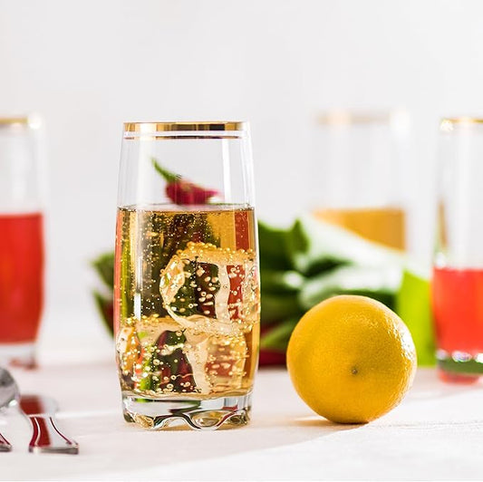13.25 Oz Gold Glass Cup (Set of 6) - Elegant Drinking Glasses with Gold Accented Rim, Durable Glassware for Entertaining, Dining, Everyday Use - Ideal for Cocktails & Beverages